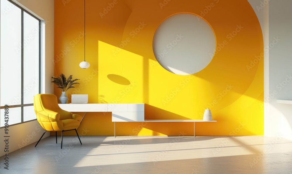 Creative interior design for a workspace with a comfortable yellow armchair and stylish white desk on a geometric circle yellow wall