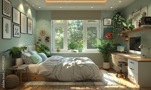teenager bedchamber bright cozy adolescent bedroom with bed,desk workplace.