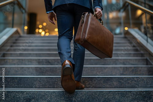 A professional man ascending stairs with a briefcase, symbolizing ambition and career progression in a modern environment.