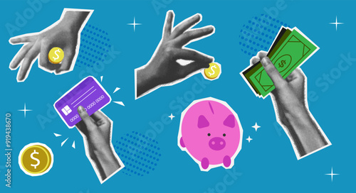 Halftone hand hold dollar money, credit card, piggy bank. Finance concept. Design elements