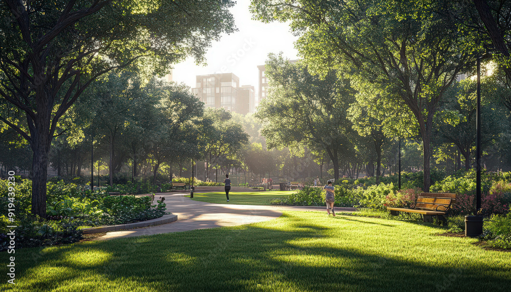 Fototapeta premium A serene park scene featuring lush greenery, gentle sunlight, and people enjoying leisurely strolls among the trees.