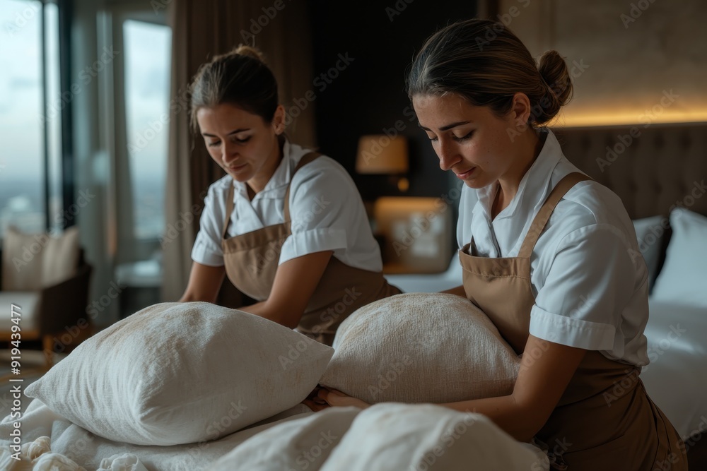 Two female housekeepers in aprons doing pillow fluffing in a luxurious and well-arranged hotel bedroom, demonstrating precision and care in their duties. Two female housekeepers in aprons doing pillow fluffing in a luxurious and well-arranged hotel bedroom, demonstrating precision and care in their duties.