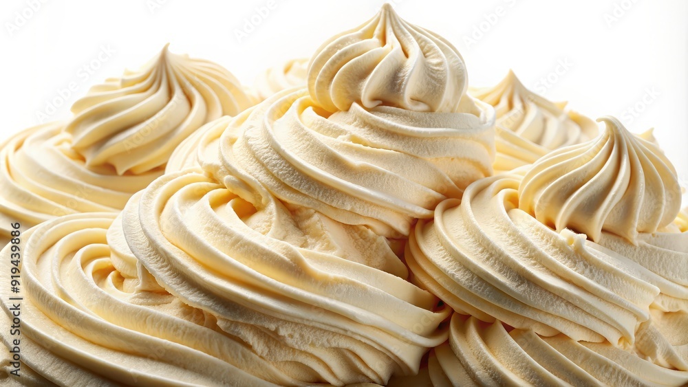 Close-up of creamy, swirly, and chunky ice cream texture with refreshing ridges and valleys, isolated on a white background for a sweet visual treat. Close-up of creamy, swirly, and chunky ice cream texture with refreshing ridges and valleys, isolated on a white background for a sweet visual treat.