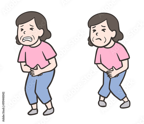 お腹が痛い中年女性と漏れそうな中年女性のセットイラスト