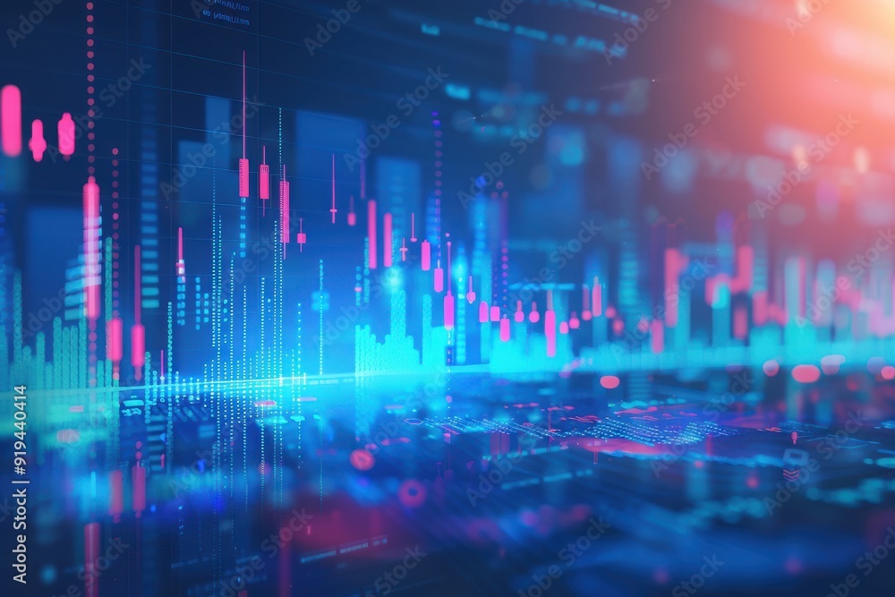 Digital stock market graph and candlestick chart with blue glowing light, financial concept. Digital stock market graph and candlestick chart with blue glowing light, financial concept.