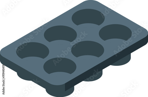 Dark grey empty baking mold with six round forms for cupcakes isometric view