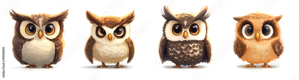 Obraz premium A charming collection of cartoon owls displaying various expressions, perfect for children's illustrations and nature-themed designs.