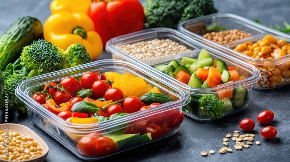 A healthy meal prep scene with fresh vegetables, grains, and proteins being organized into containers A healthy meal prep scene with fresh vegetables, grains, and proteins being organized into containers