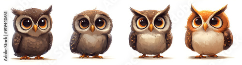 Four adorable cartoon owls with big eyes, displaying various colors and expressions, perfect for whimsical illustration and decoration.