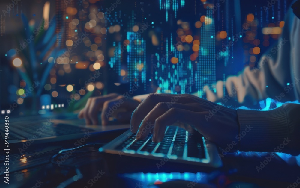 Office worker typing with digital graphs and bar charts floating above, dark blue color grading. Office worker typing with digital graphs and bar charts floating above, dark blue color grading.