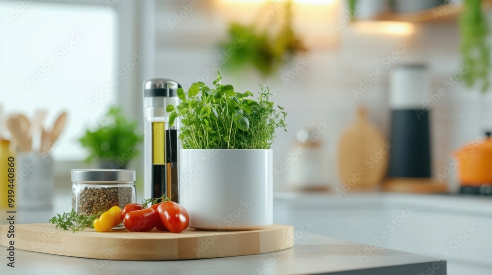A minimalist kitchen with fresh herbs growing on the windowsill and a nutritious meal being prepared on the countertop A minimalist kitchen with fresh herbs growing on the windowsill and a nutritious meal being prepared on the countertop