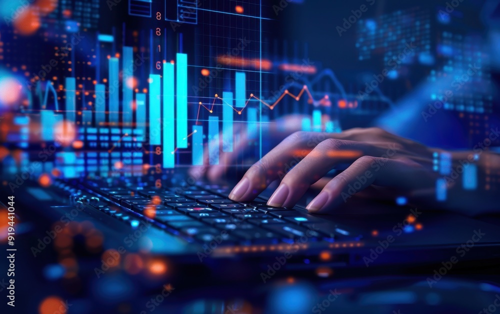 Office worker typing with digital graphs and bar charts floating above, dark blue color grading. Office worker typing with digital graphs and bar charts floating above, dark blue color grading.