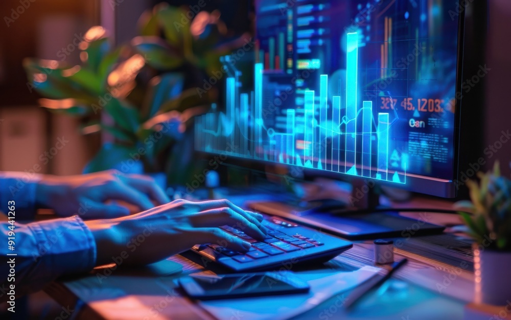 Office worker typing with digital graphs and bar charts floating above, dark blue color grading. Office worker typing with digital graphs and bar charts floating above, dark blue color grading.