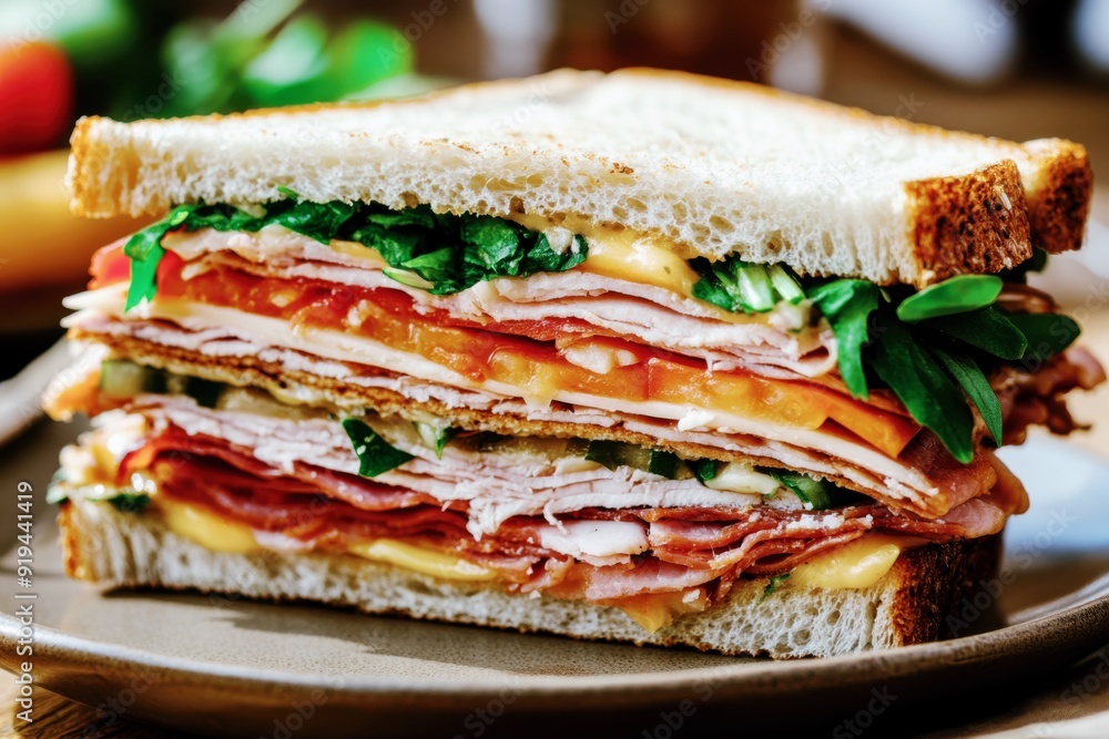 classic club sandwich with layers of meat, cheese, and fresh greens on a rustic plate