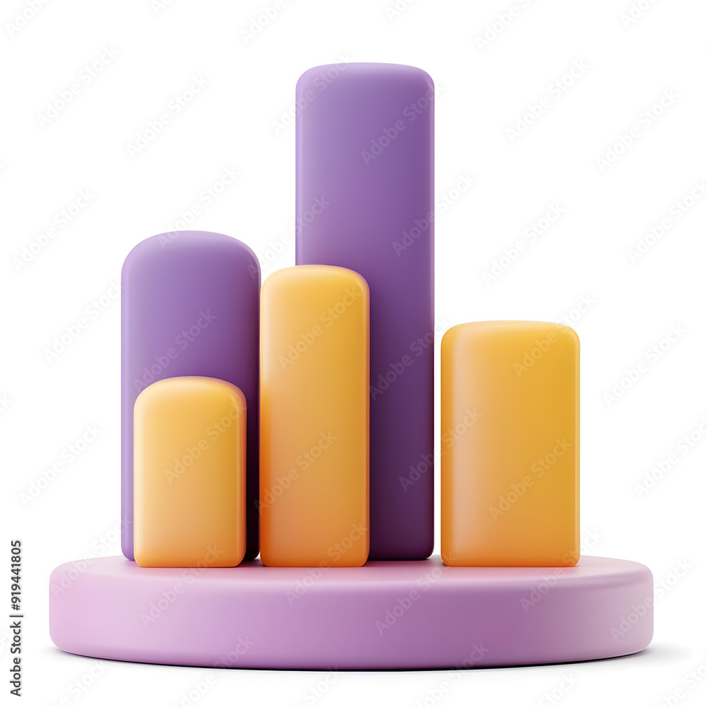 Colorful 3D bar chart showcasing data visualization in vibrant purple and orange hues on a circular base. Colorful 3D bar chart showcasing data visualization in vibrant purple and orange hues on a circular base.