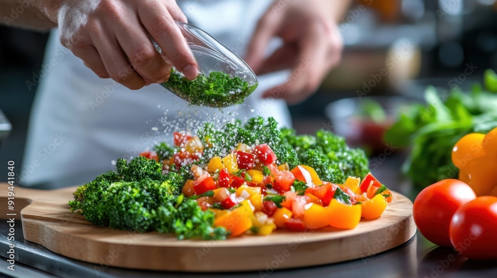 A plant-based meal being artfully plated in a gourmet kitchen, with vibrant colors and fresh ingredients A plant-based meal being artfully plated in a gourmet kitchen, with vibrant colors and fresh ingredients