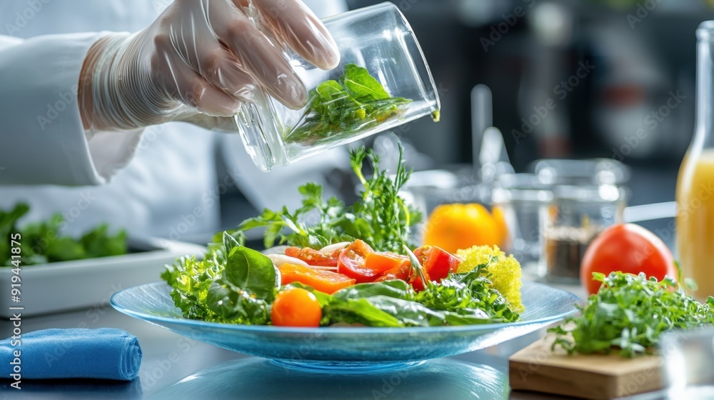 A plant-based meal being artfully plated in a gourmet kitchen, with vibrant colors and fresh ingredients A plant-based meal being artfully plated in a gourmet kitchen, with vibrant colors and fresh ingredients