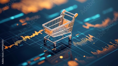 Futuristic online retail analytics, shopping cart amidst dynamic data charts, glowing graphs showcasing e-commerce trends, sleek digital visualization