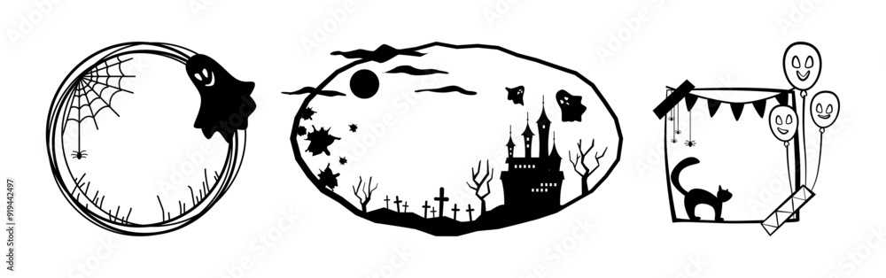 Halloween frames, vector isolated set of silhouettes. Empty borders with apparitions and ghosts in haunted house, spiders on cobweb and cat. Autumn holiday decoration, celebrational cards Halloween frames, vector isolated set of silhouettes. Empty borders with apparitions and ghosts in haunted house, spiders on cobweb and cat. Autumn holiday decoration, celebrational cards