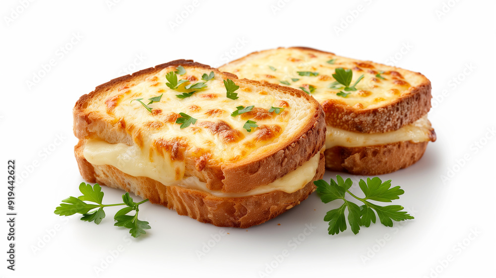 A savory French croque monsieur sandwich, filled with ham and cheese, topped with creamy bechamel sauce, and garnish with parsley, on a white background. A savory French croque monsieur sandwich, filled with ham and cheese, topped with creamy bechamel sauce, and garnish with parsley, on a white background.