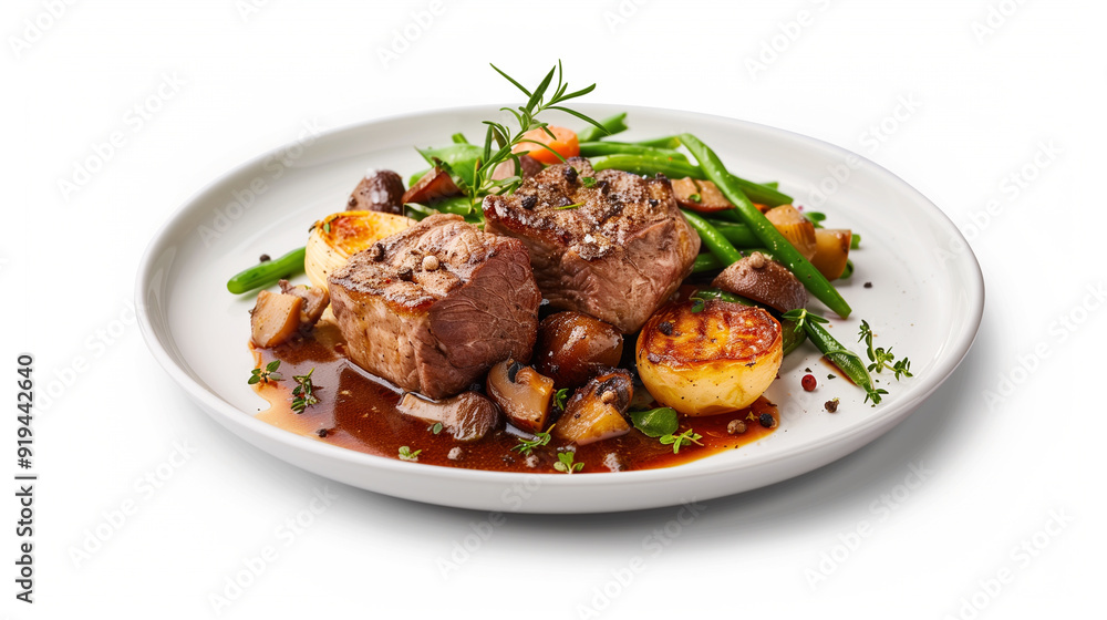 A classic French dish, coq au vin, featuring tender chicken cooked in rich red wine sauce with mushrooms and herbs, on a white background. A classic French dish, coq au vin, featuring tender chicken cooked in rich red wine sauce with mushrooms and herbs, on a white background.