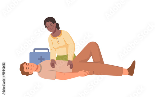 Woman doing first aid medical procedures, man lying on back, flat cartoon people set. 911 or 112 ambulance emergency and resuscitation. Rescue training and medical kit, person reanimation