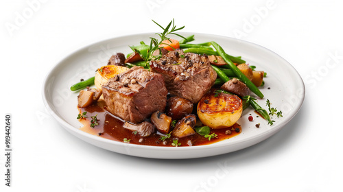 A classic French dish, coq au vin, featuring tender chicken cooked in rich red wine sauce with mushrooms and herbs, on a white background.