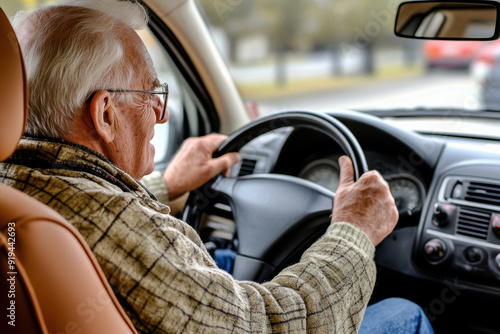 Elderly man driving car on daytime road photo