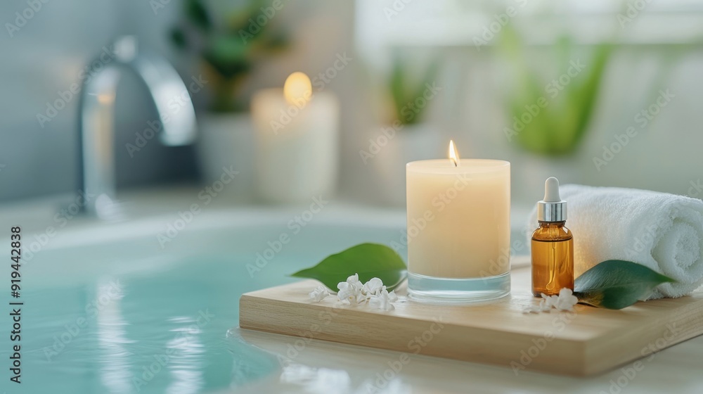 A relaxing bath scene with candles, essential oils, and a soothing atmosphere for unwinding after a long day A relaxing bath scene with candles, essential oils, and a soothing atmosphere for unwinding after a long day