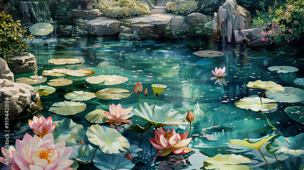 Fototapeta premium Ultra-realistic watercolor of a water garden, blooming lotus, clear water, morning dew ,Ultra-High Detail, Ultra-Realistic