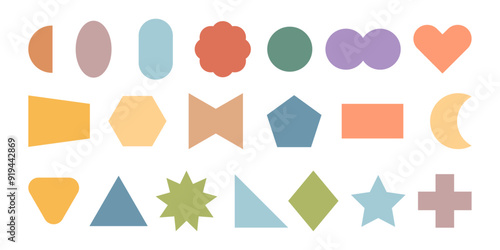 Typography design elements. Vector set of geometric shapes and objects. Isolated triangles and stars, pentagon and hexagon, rectangle and oval, heart and moon. Notes, banners and stickers templates