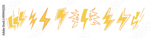 Electric discharge, powerful thunderbolt collection, natural force. Vector isolated set of bolts icons for game design or UI. Forceful voltage, electricity sign, storm or bad weather symbol