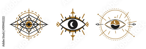 Mystic eyes and crescent moon with arrows, occult and magic symbols set with circles and lines. Vector cyclical nature of time, ebb and flow of energies. Intuitive insight and spiritual awareness