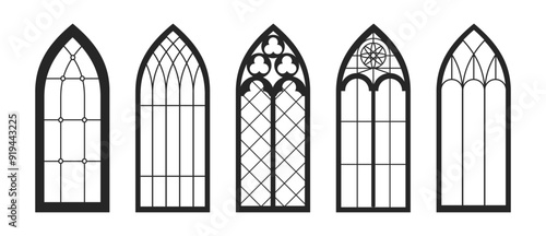 Gothic windows outline, isolated set of arched borders with mosaic. Vector classic medieval architectural design, elements for exterior and facade of churches or cathedrals, monochrome style