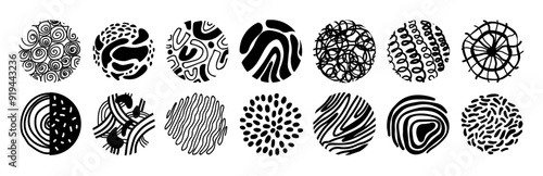 Pattern texture, isolated monochrome circles with scribbles and doodles. Vector set of rounded shapes with symmetrical and asymmetrical drawings. Wavy lines and tangled design, surface samples