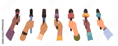 Microphones in hands, audience, reportage and communication flat cartoon vector illustrations. Radio or television interviews, arms with mics and recording equipment