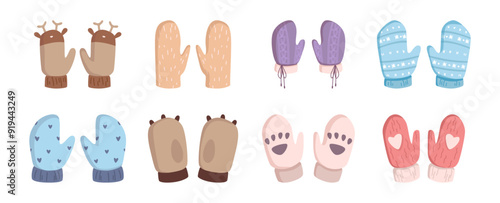 Wintertime accessories for hands, isolated set of warm gloves for kids. Vector collection of fashionable stylish clothes for warmth in winter. Seasonal mittens from fabrics or wool material