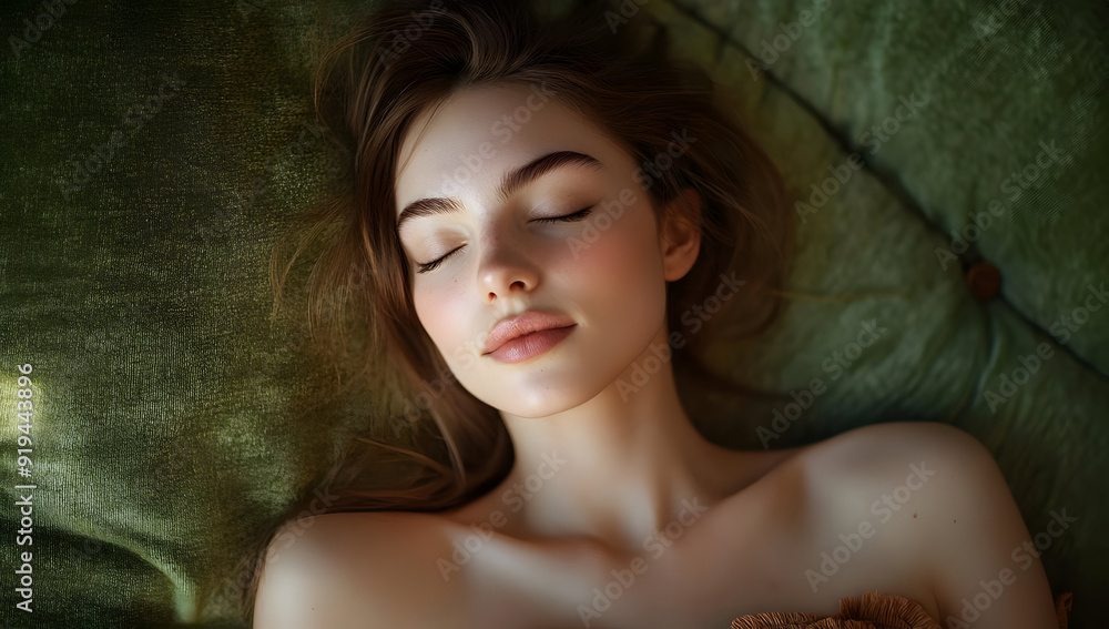A serene portrait of a young woman with closed eyes, conveying peace and tranquility while resting on a soft green surface. A serene portrait of a young woman with closed eyes, conveying peace and tranquility while resting on a soft green surface.