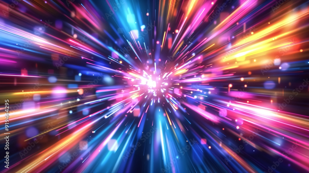 Fototapeta premium Vibrant Abstract Light Burst with Multicolored Streaks and Bokeh Effects in Dynamic Motion