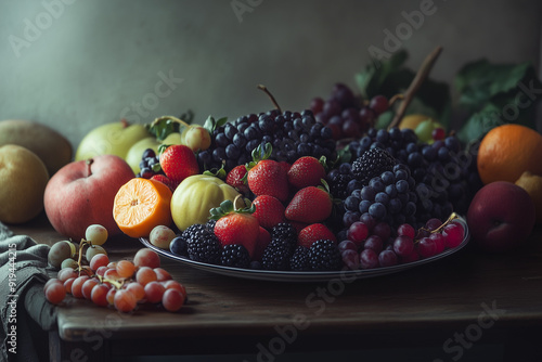 Group of mixed berries on table for commercial, Fresh fruit strawberry, blueberry, citrus and grape.