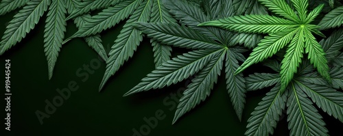 A close-up view of vibrant cannabis leaves, showcasing their rich green colors against a dark background, ideal for herbal themes.