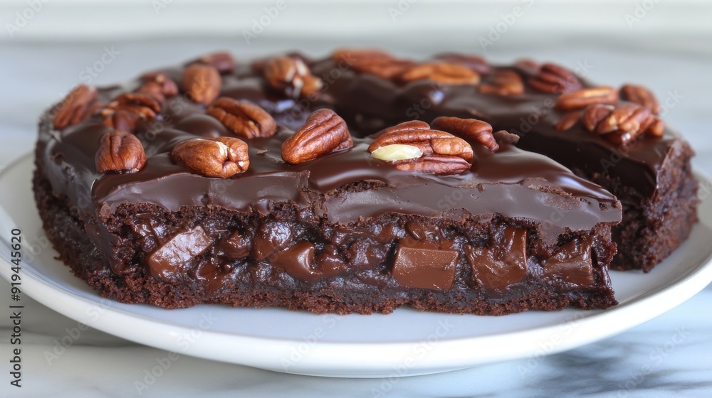 Decadent chocolate fudge cake with pecan topping on white plate Decadent chocolate fudge cake with pecan topping on white plate