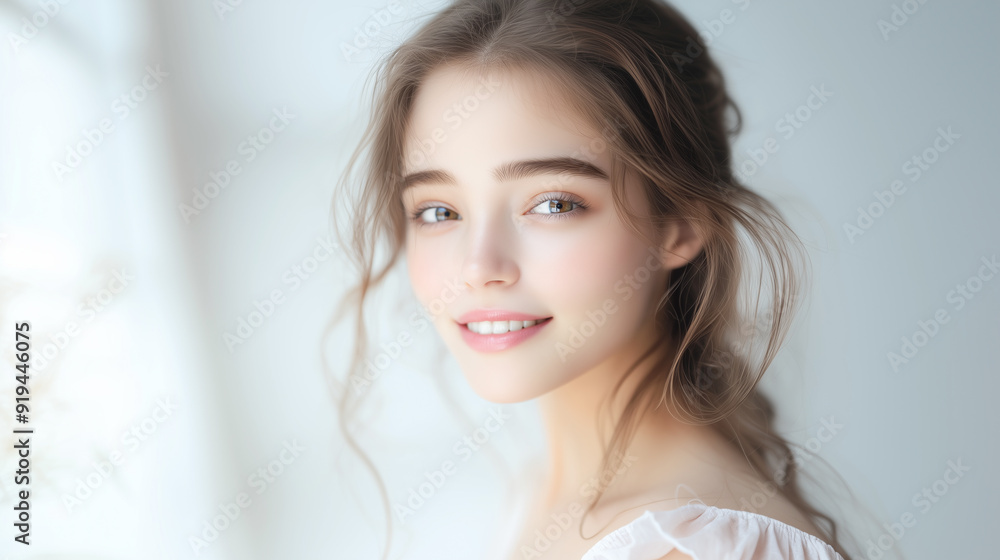 輝く肌の女性の笑顔 輝く肌の女性の笑顔