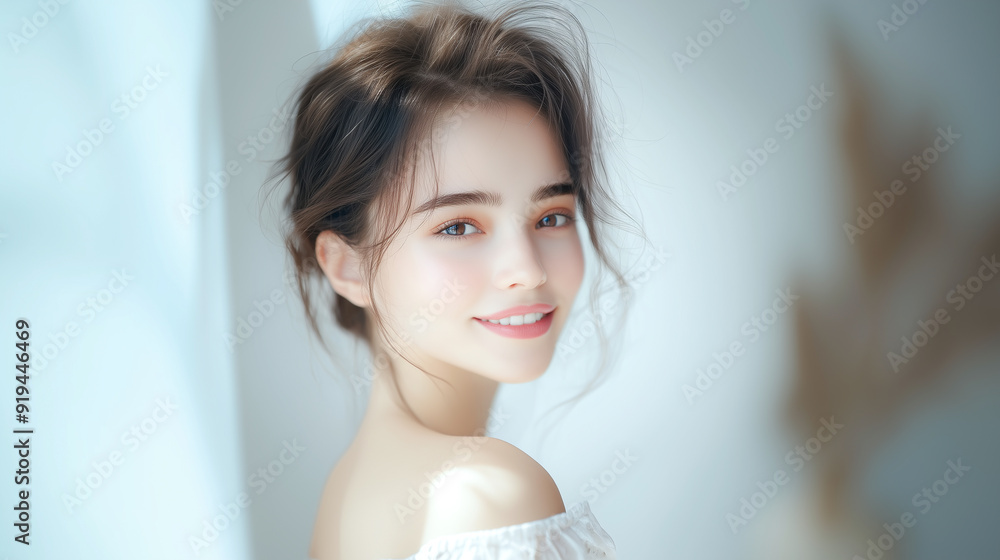 輝く肌の女性の笑顔 輝く肌の女性の笑顔