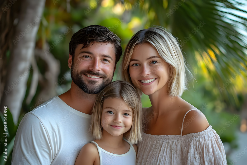 Obraz premium A happy family poses together outdoors, showcasing love and connection amidst a lush tropical backdrop.
