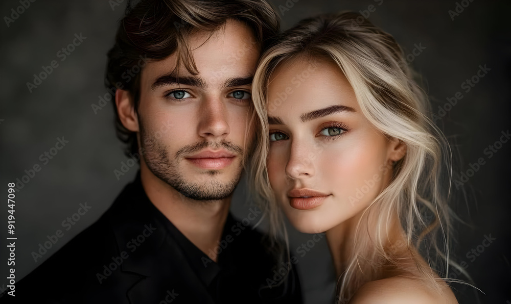 A stunning portrait of a couple showcasing beauty, confidence, and elegance against a dark background. A stunning portrait of a couple showcasing beauty, confidence, and elegance against a dark background.