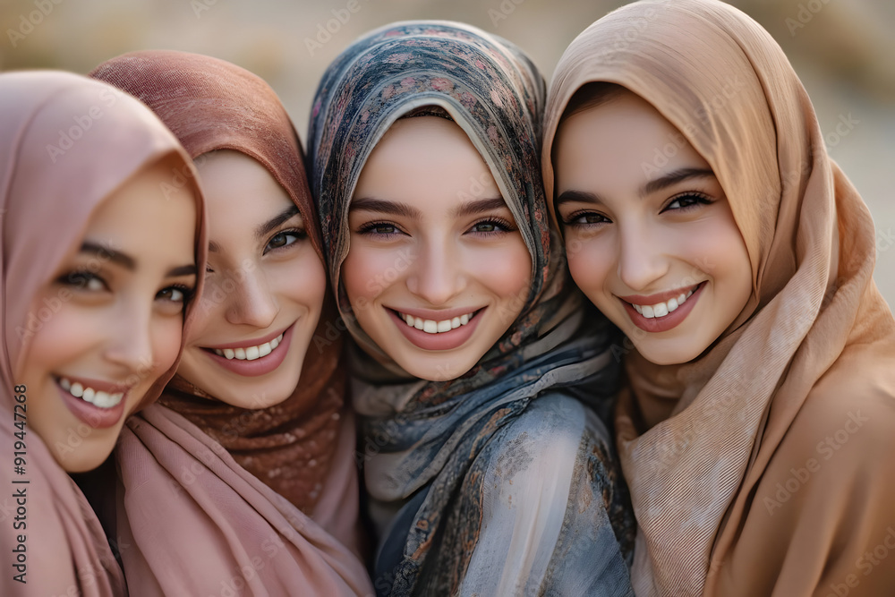 A joyful group of diverse women in elegant headscarves sharing smiles and friendship, celebrating unity and cultural beauty. A joyful group of diverse women in elegant headscarves sharing smiles and friendship, celebrating unity and cultural beauty.