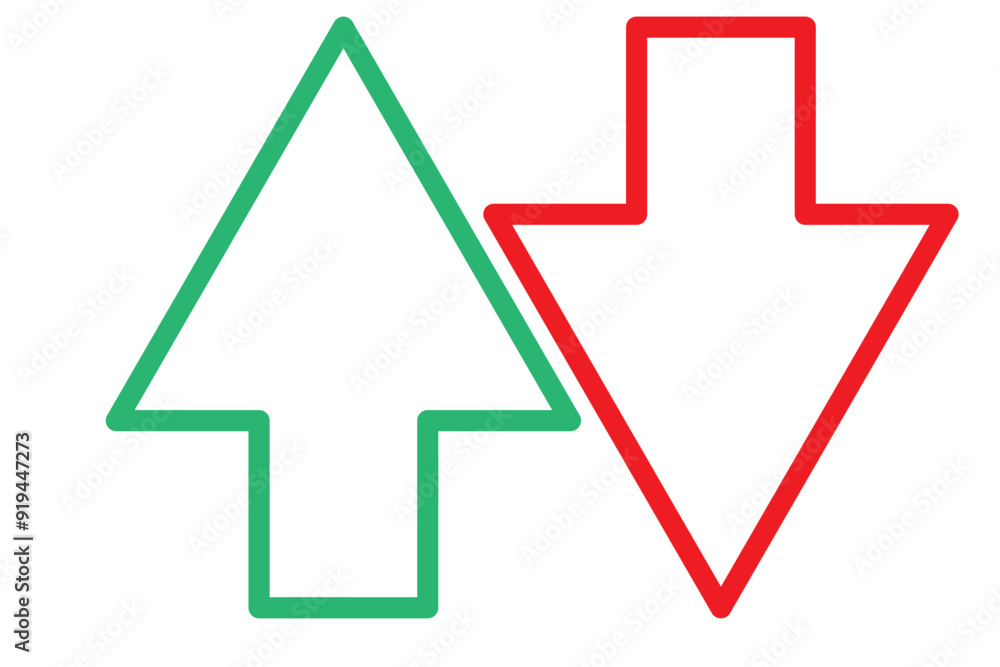 Simple up and down arrows. Upward, downward arrows in green and red isolated on white background, set of two. Flat style eps 10 vector illustration. Simple up and down arrows. Upward, downward arrows in green and red isolated on white background, set of two. Flat style eps 10 vector illustration.