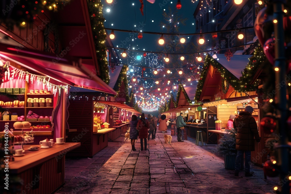 Charming 3D render of a Christmas market with colorful stalls, twinkling lights, and people enjoying hot cocoa , created ai Charming 3D render of a Christmas market with colorful stalls, twinkling lights, and people enjoying hot cocoa , created ai