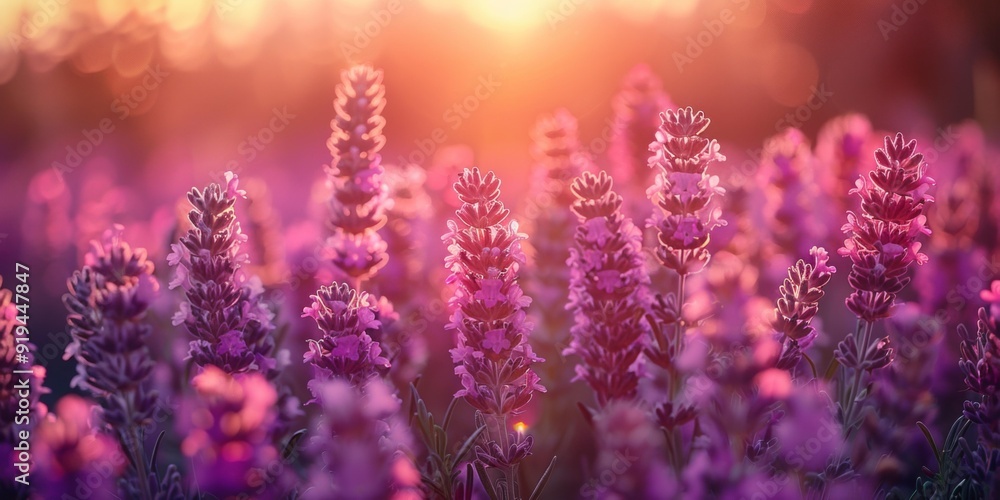 Fototapeta premium Field of Lavender Flowers at Sunset